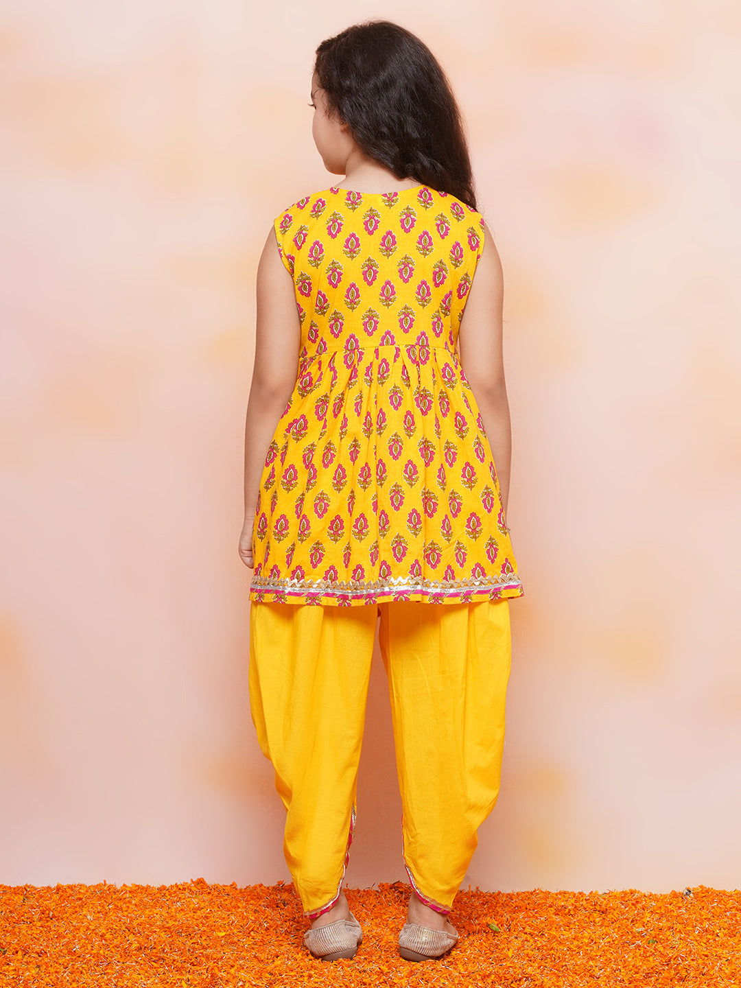 Girls Cotton Floral Printed Sleeveless A Line Yellow Kurta Dhoti Set