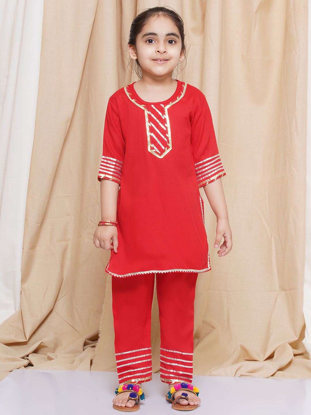 Kids Girls Red Gotta Work Rayon Kurta Pyjama Set