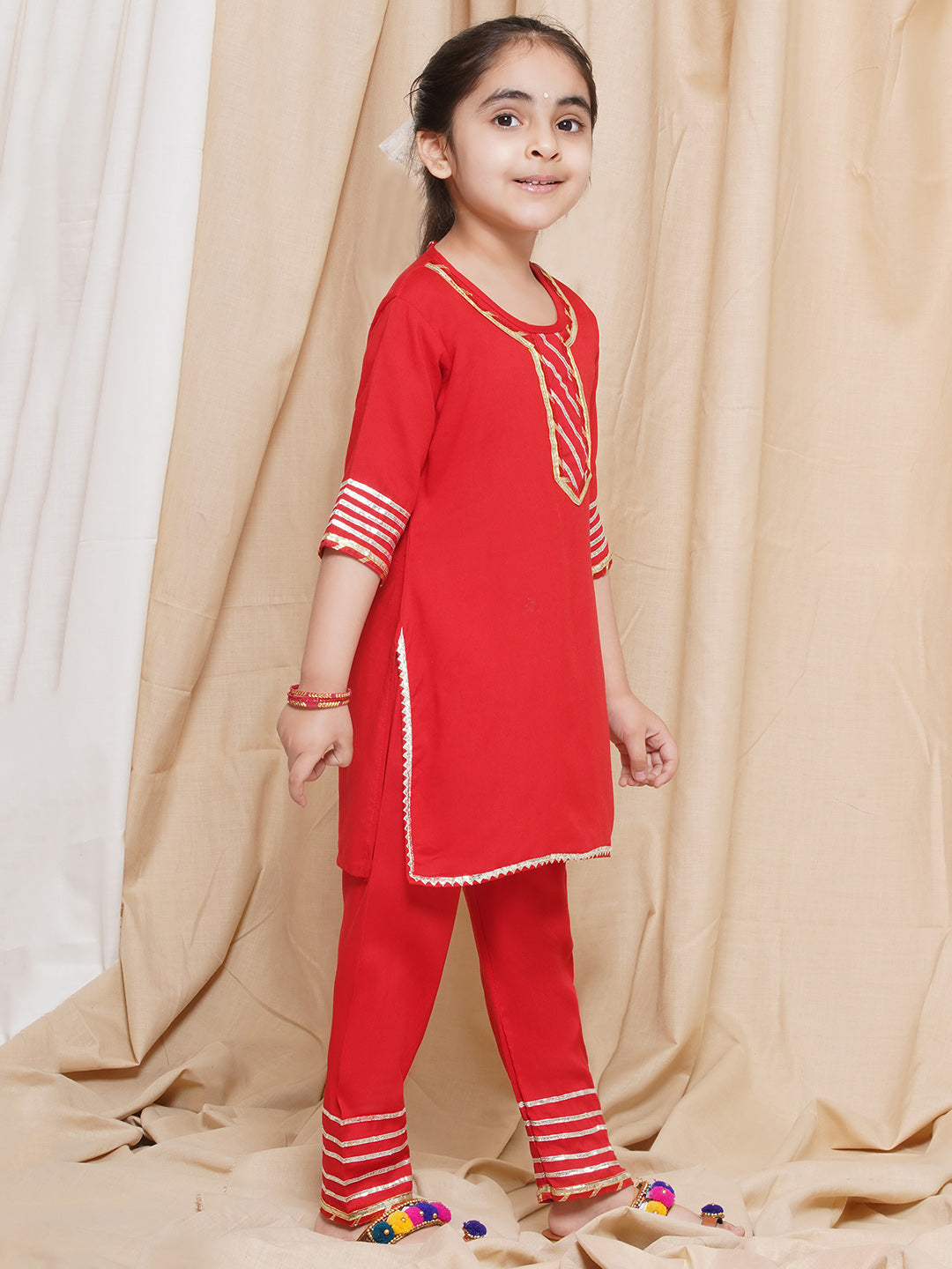 Kids Girls Red Gotta Work Rayon Kurta Pyjama Set - AJ Dezines
