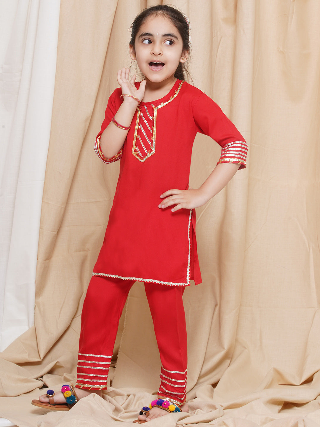 Kids Girls Red Gotta Work Rayon Kurta Pyjama Set