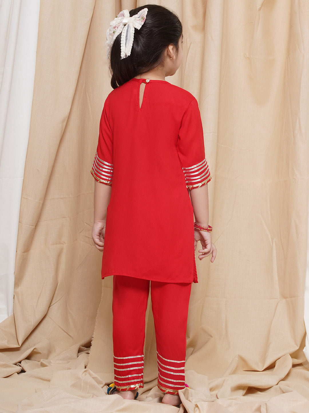 Kids Girls Red Gotta Work Rayon Kurta Pyjama Set