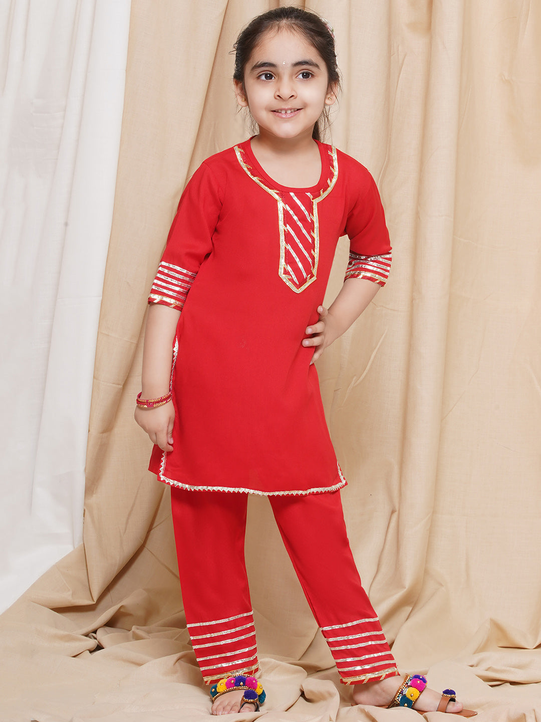 Kids Girls Red Gotta Work Rayon Kurta Pyjama Set