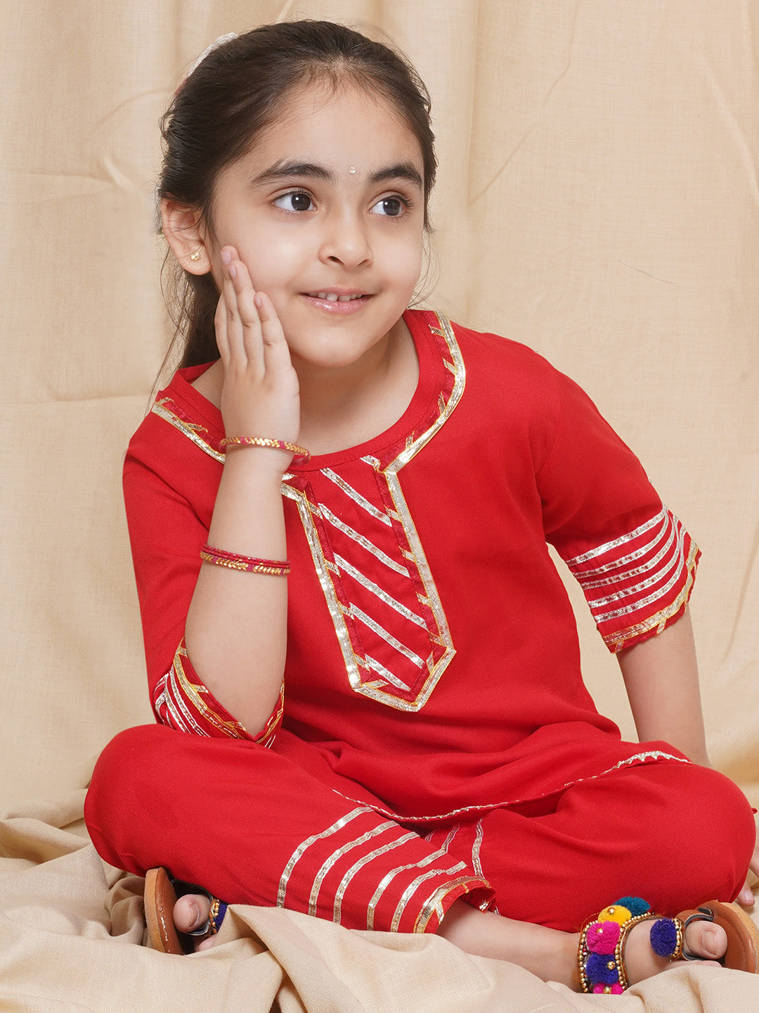 Kids Girls Red Gotta Work Rayon Kurta Pyjama Set