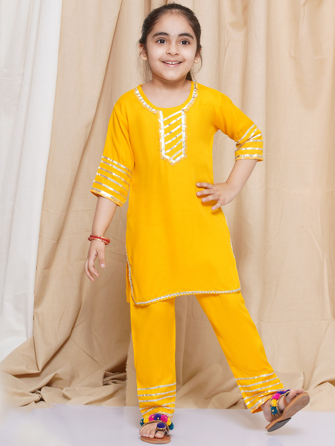 Kids Girls Yellow Gotta Work Rayon Kurta Pyjama Set