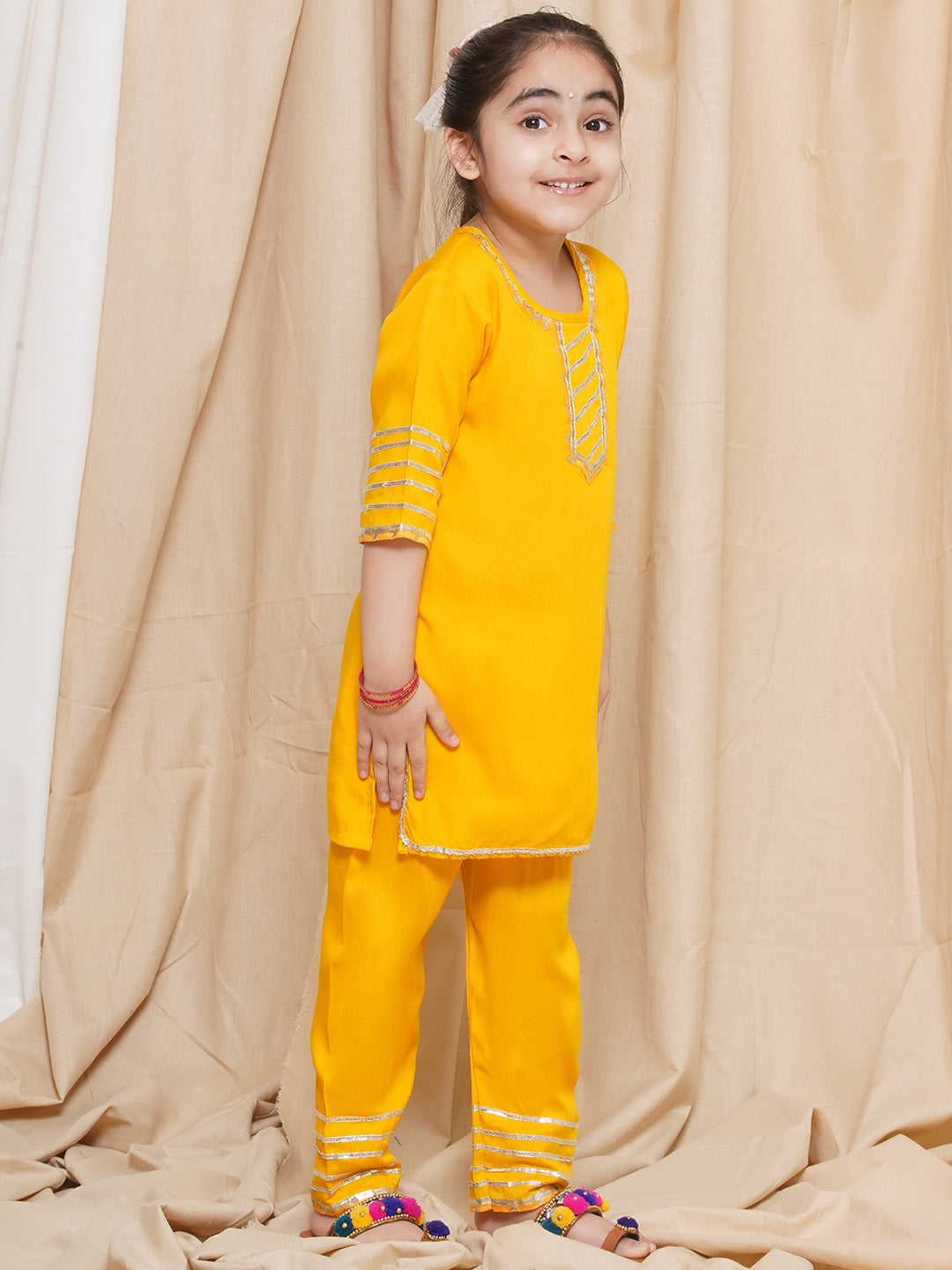 Kids Girls Yellow Gotta Work Rayon Kurta Pyjama Set