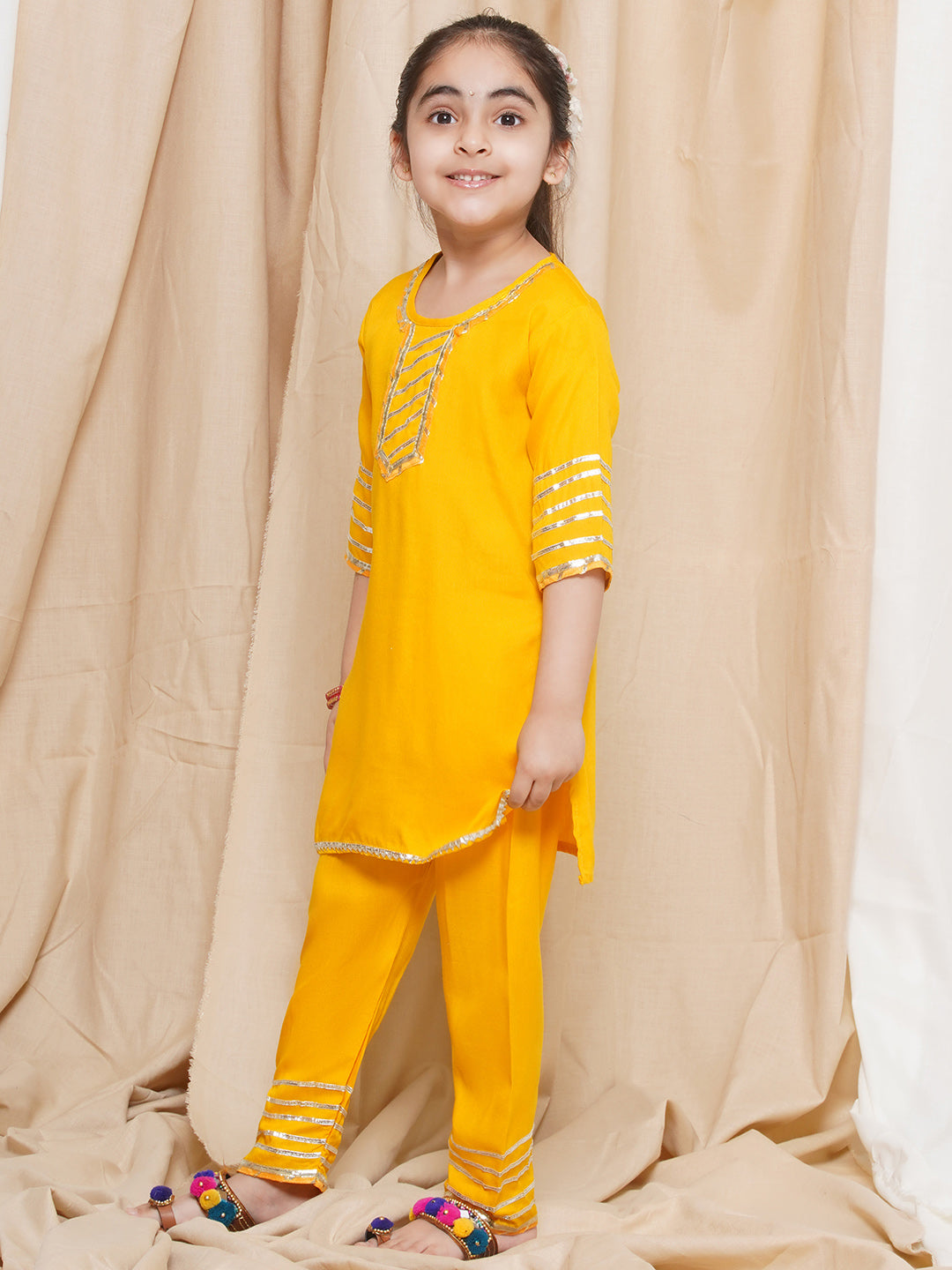 Kids Girls Yellow Gotta Work Rayon Kurta Pyjama Set