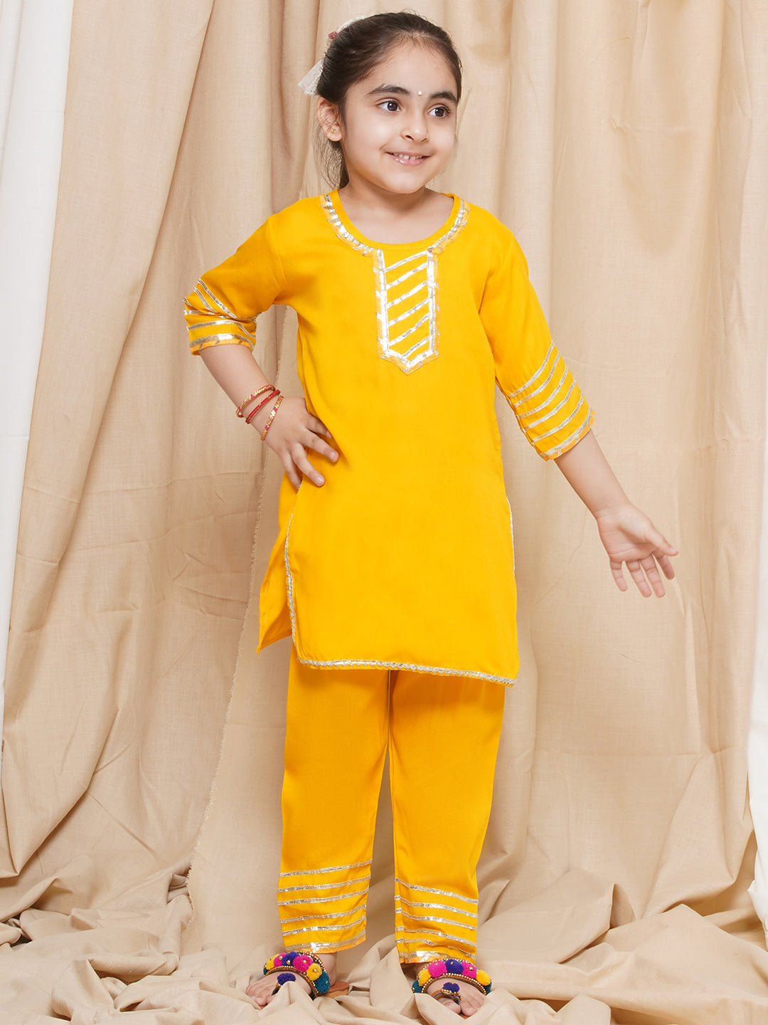 Kids Girls Yellow Gotta Work Rayon Kurta Pyjama Set