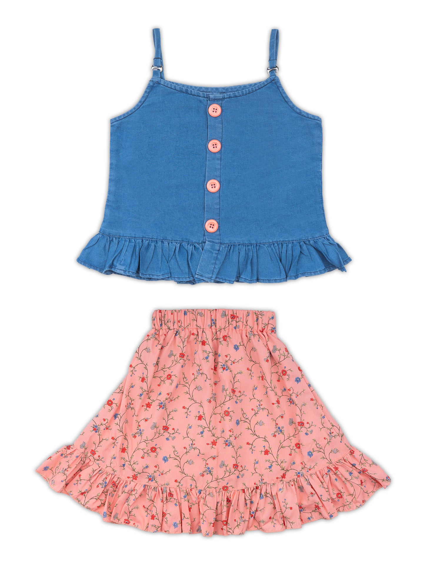 Girls Peach Denim Sleeveless Top & Skirt Set