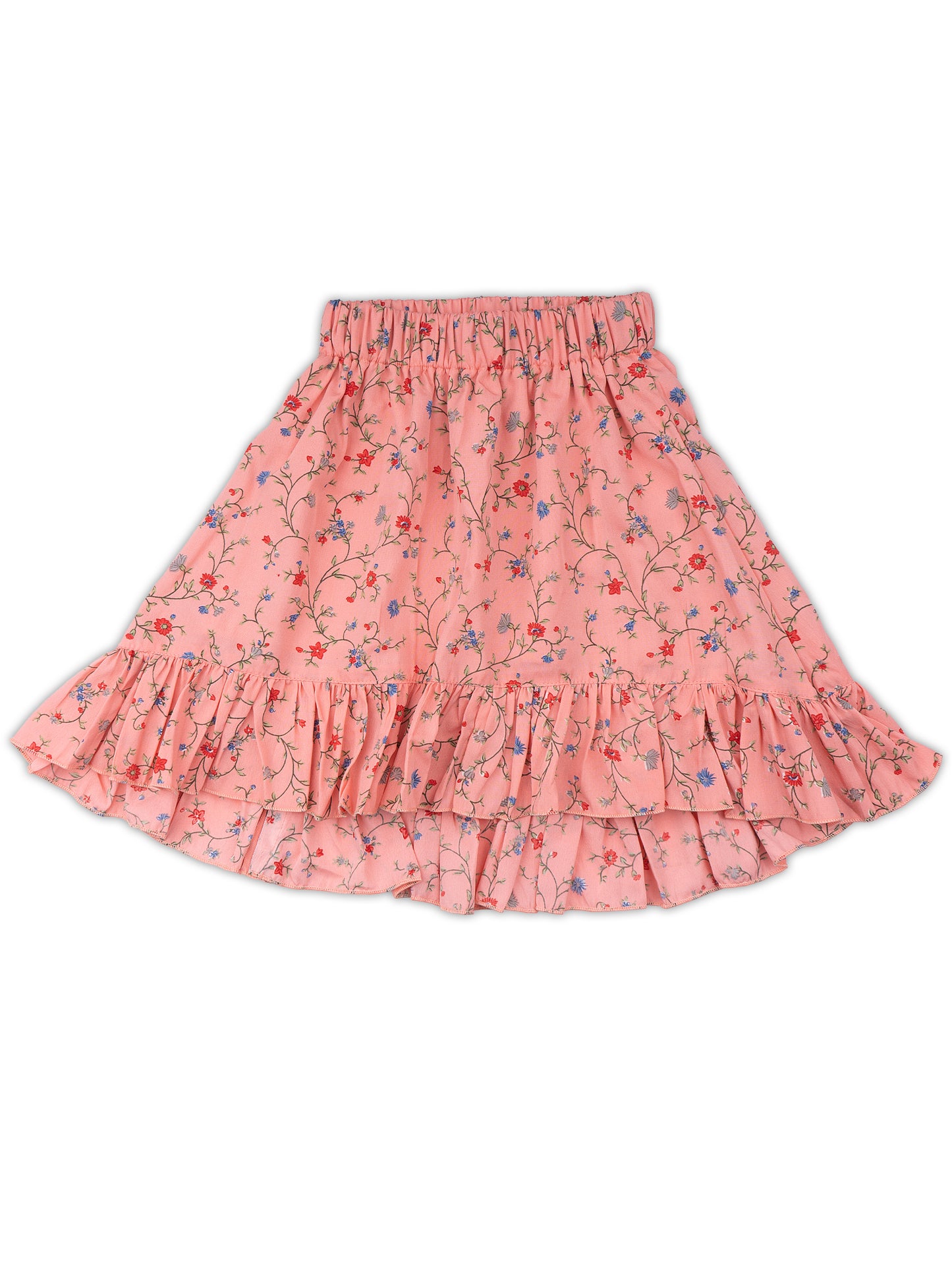 Girls Peach Denim Sleeveless Top & Skirt Set