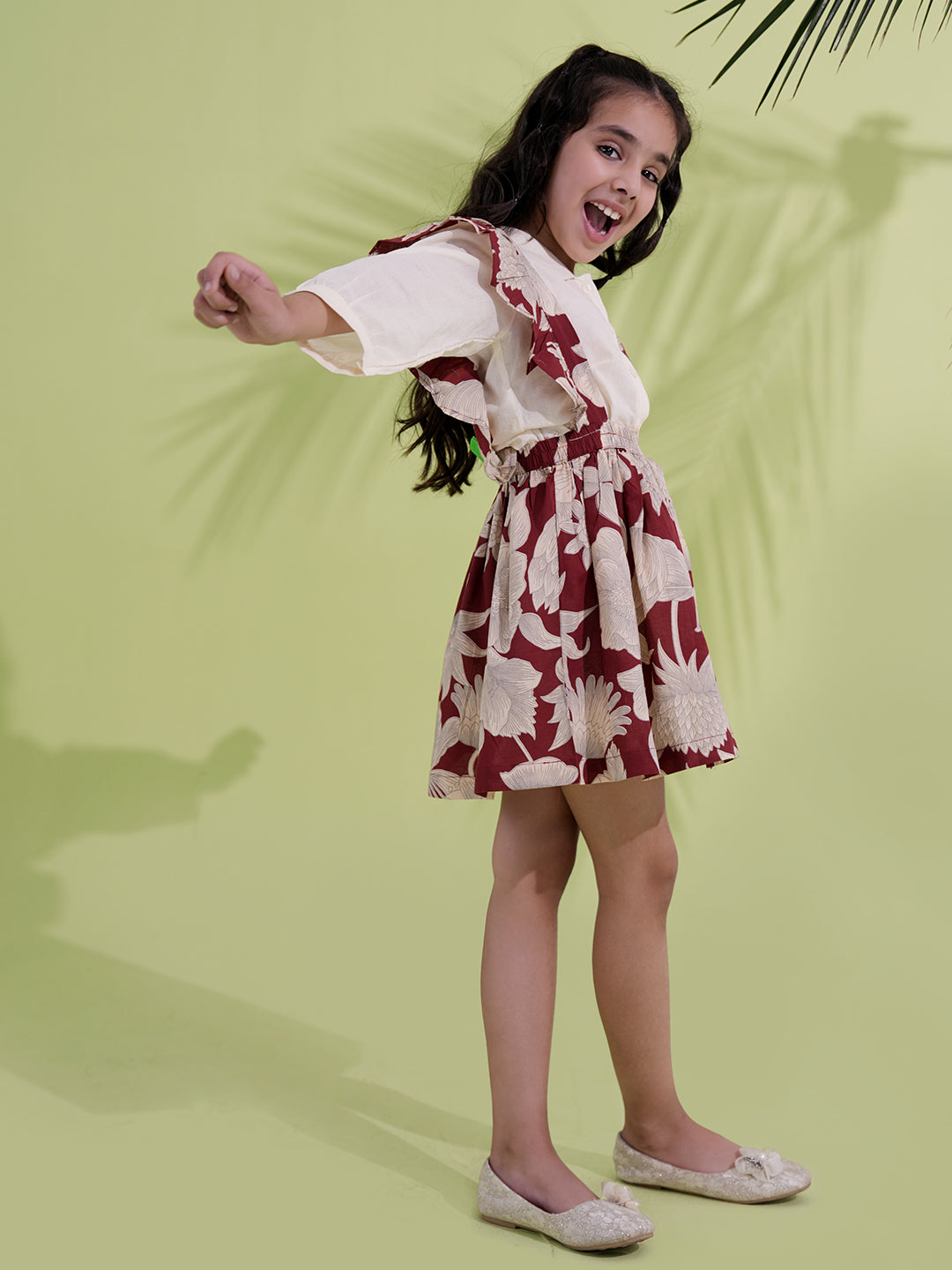 Maroon Cotton 3/4th Sleeves Floral Printed Girls Dress with Shirt - AJ Dezines