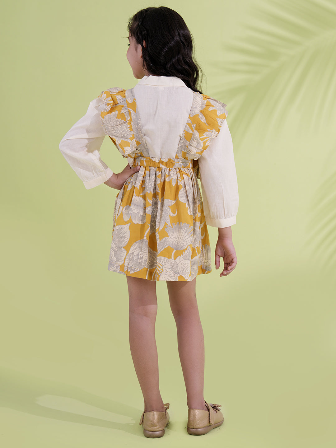 Mustard Cotton 3/4th Sleeves Floral Printed Girls Dress with Shirt