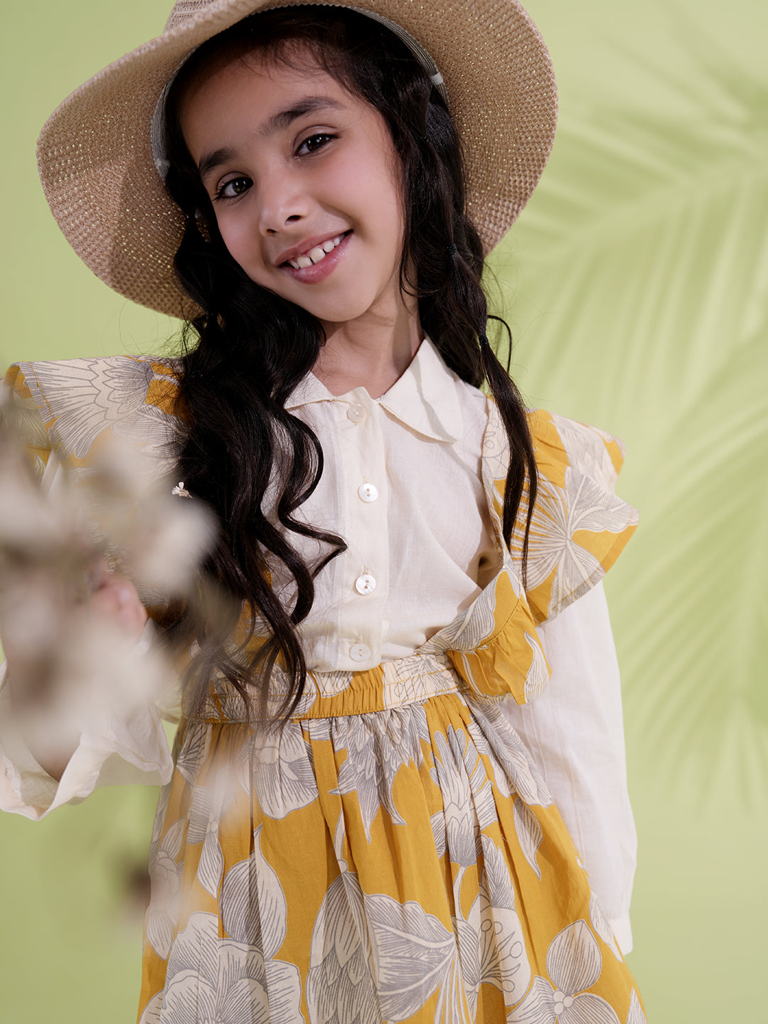 Mustard Cotton 3/4th Sleeves Floral Printed Girls Dress with Shirt