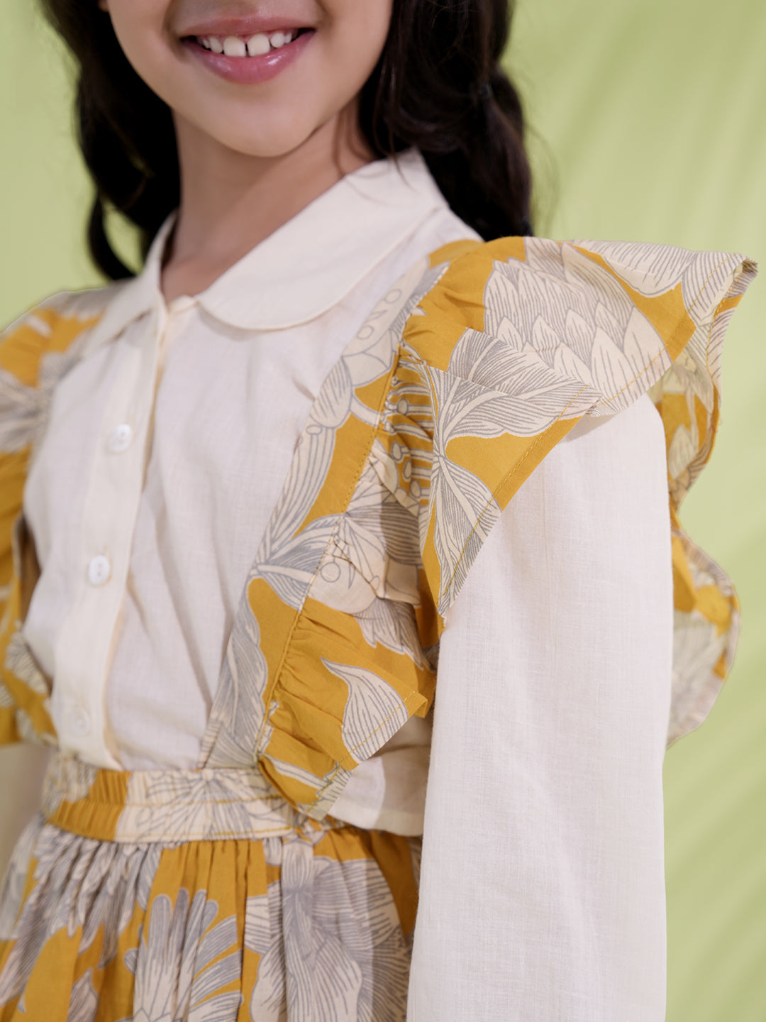 Mustard Cotton 3/4th Sleeves Floral Printed Girls Dress with Shirt