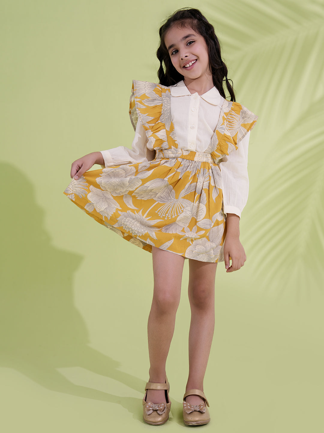 Mustard Cotton 3/4th Sleeves Floral Printed Girls Dress with Shirt