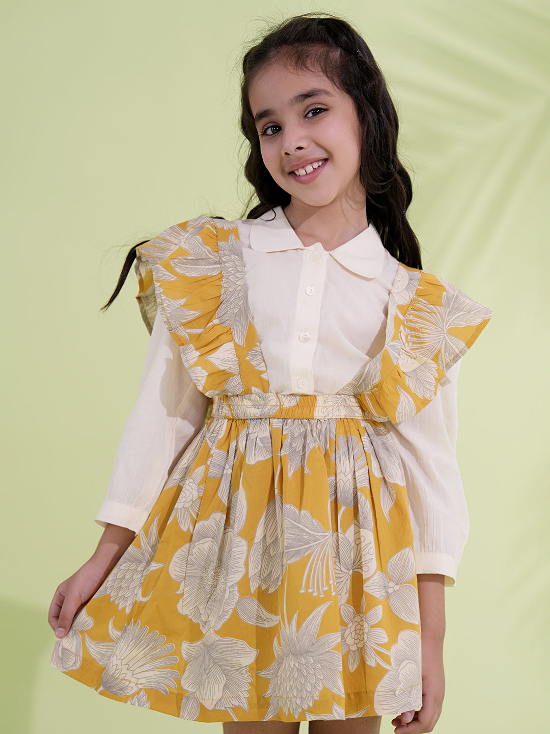 Mustard Cotton 3/4th Sleeves Floral Printed Girls Dress with Shirt
