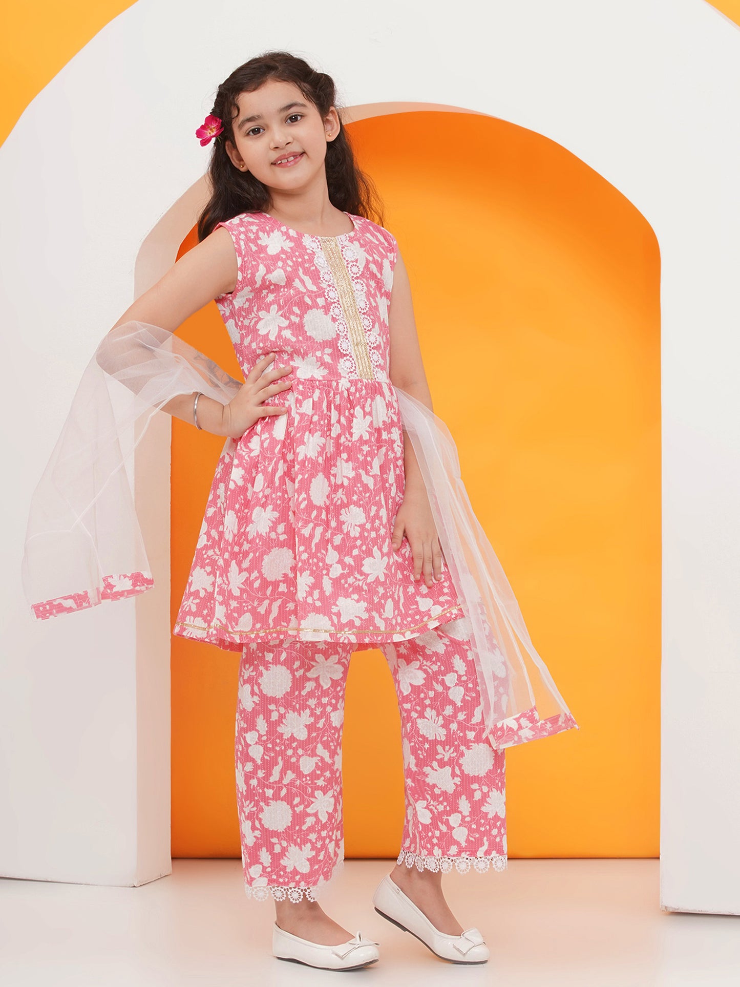 Pink Pure Cotton Sleeveless Floral PrintSuit Set for Girls