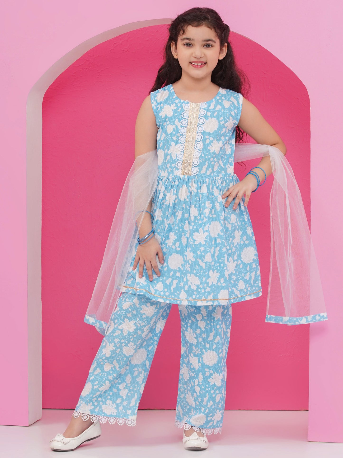 Sky Blue Pure Cotton Sleeveless Floral Print Suit Set for Girls