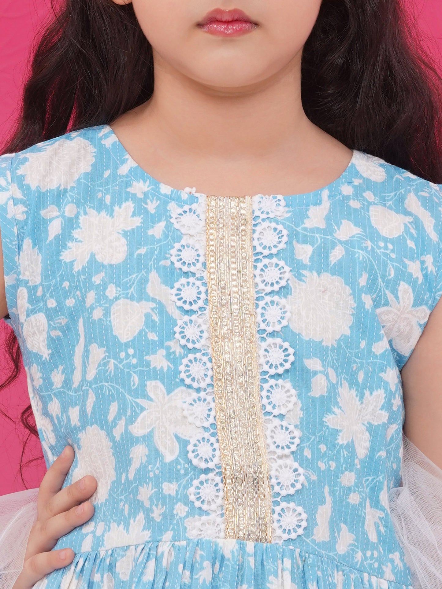 Sky Blue Pure Cotton Sleeveless Floral Print Suit Set for Girls