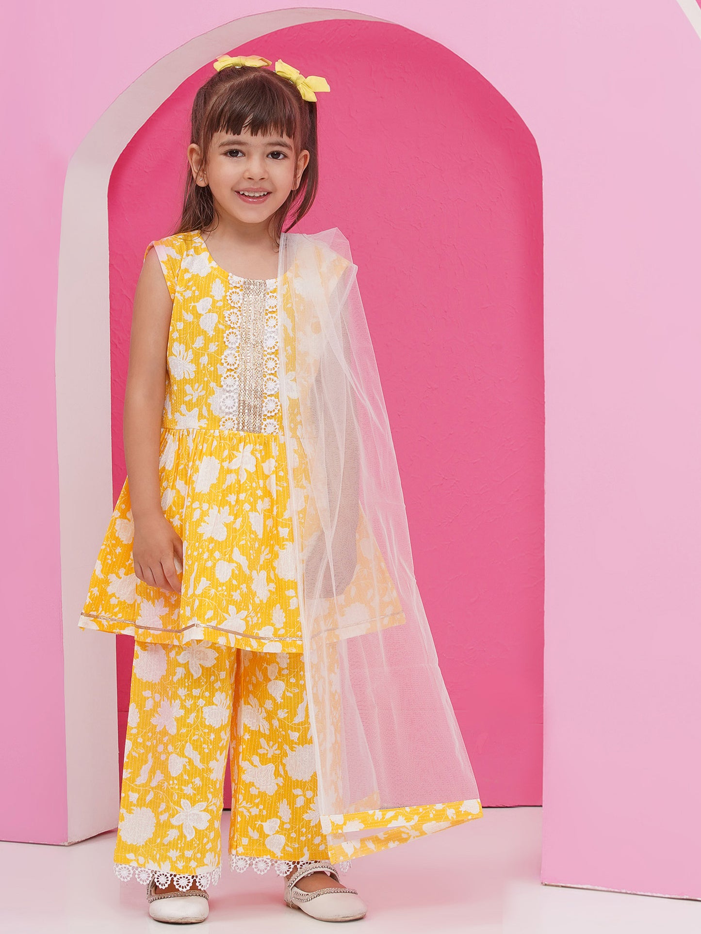 Yellow Pure Cotton Sleeveless Floral Print Suit Set for Girls