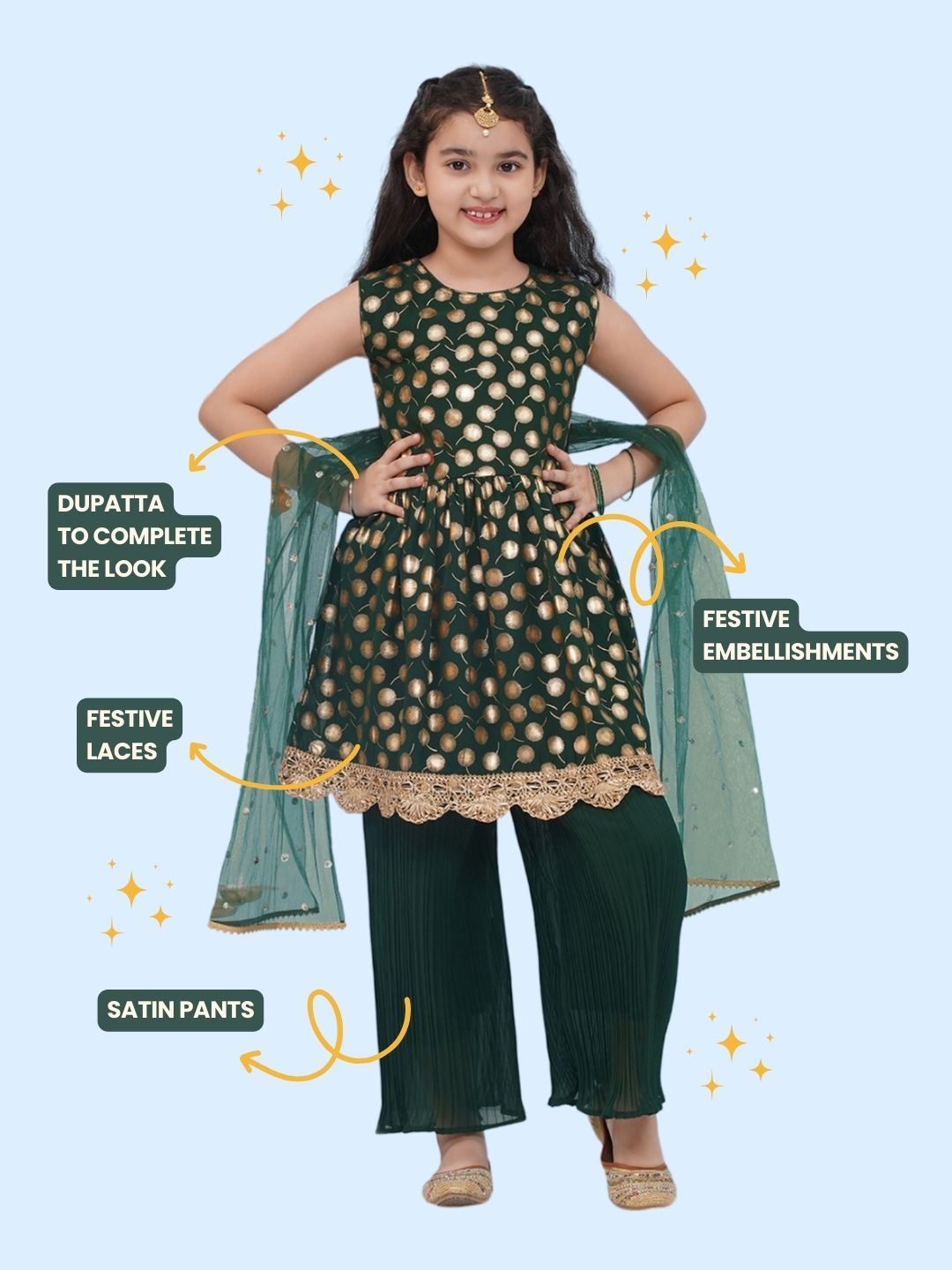 Dark Green Georgette Sleeveless Motif Foil Print Suit Set for Girls