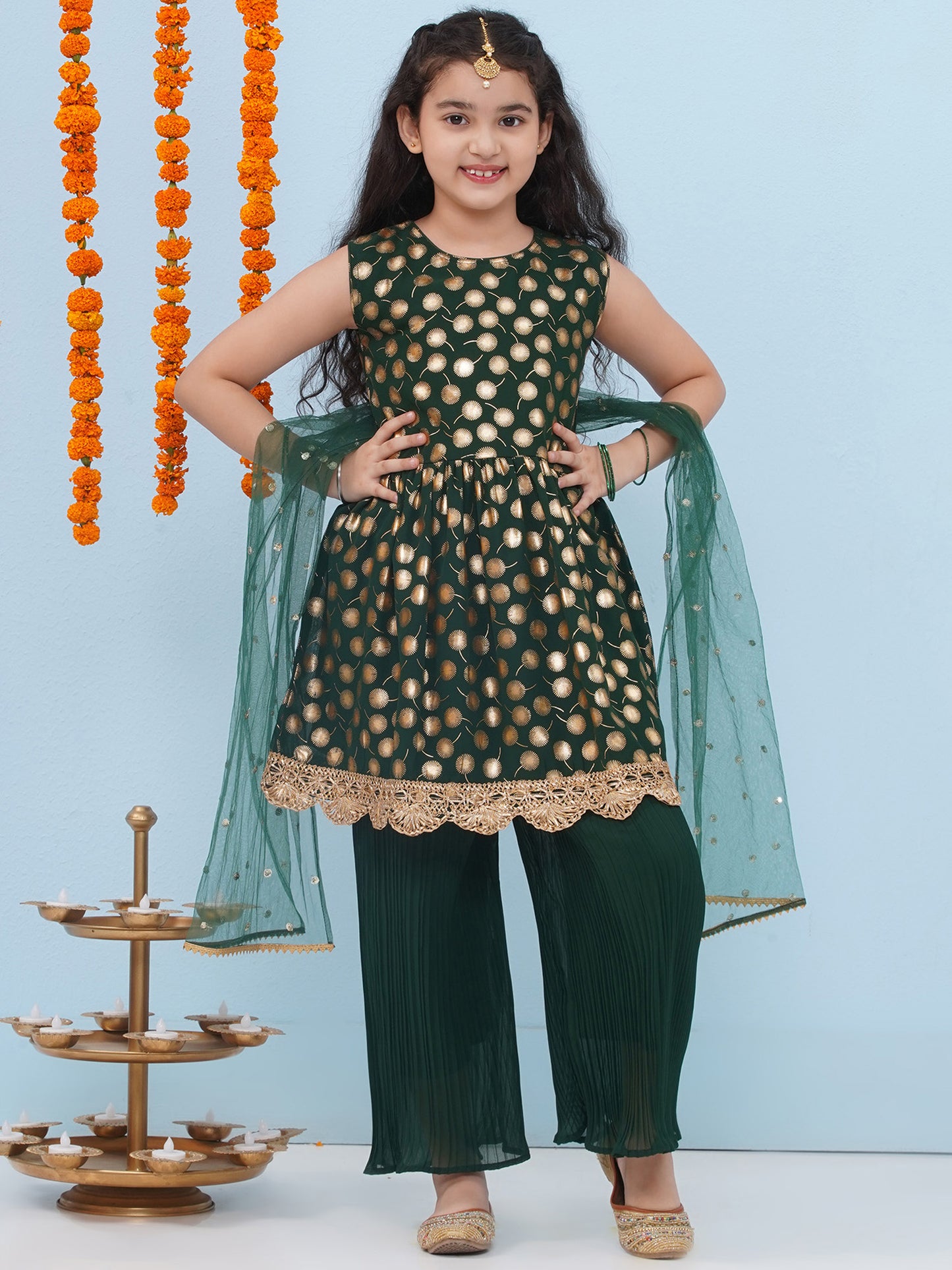 Dark Green Georgette Sleeveless Motif Foil Print Suit Set for Girls