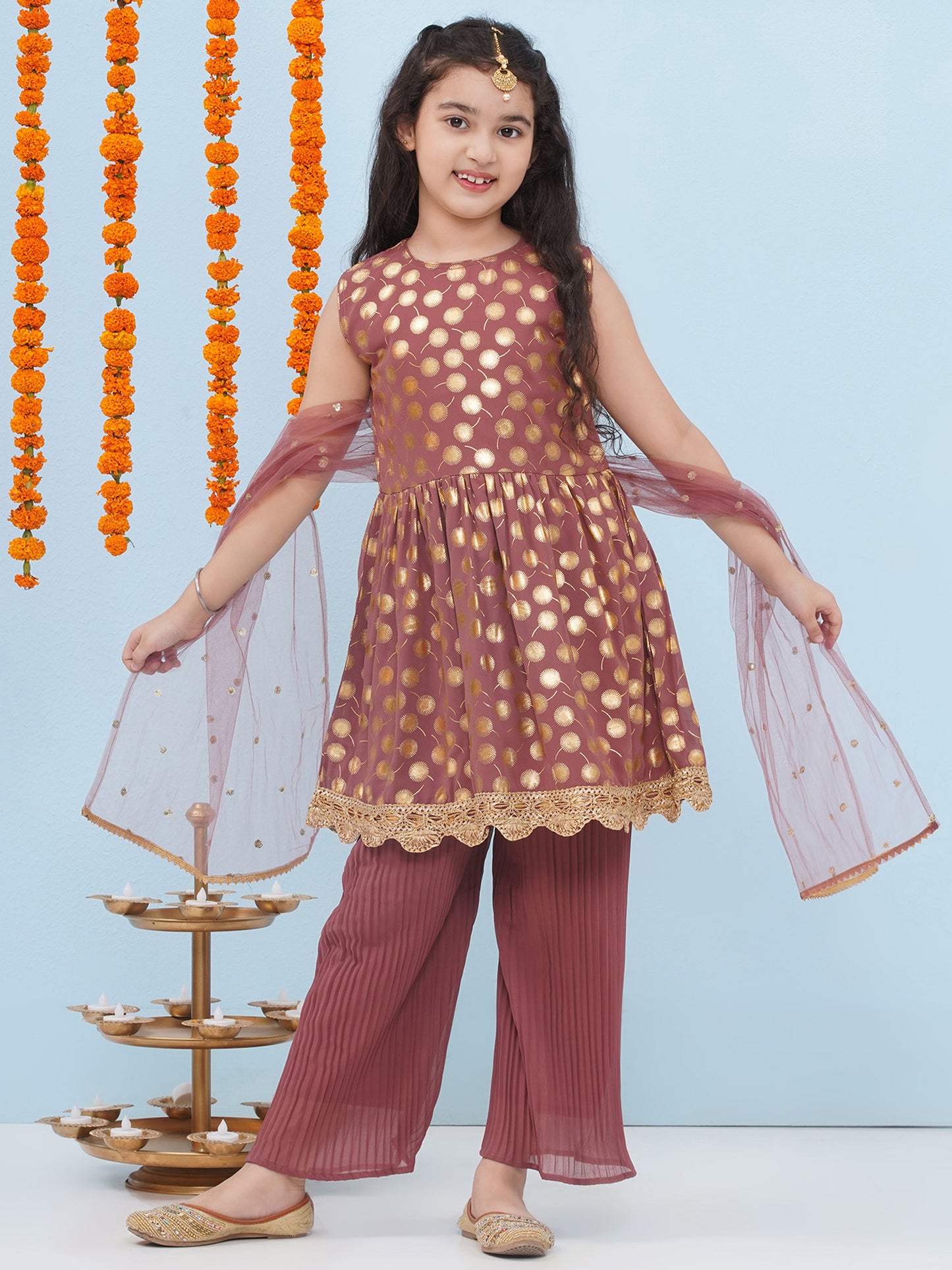 Pink Georgette Sleeveless Motif Foil Print  Suit Set for Girls