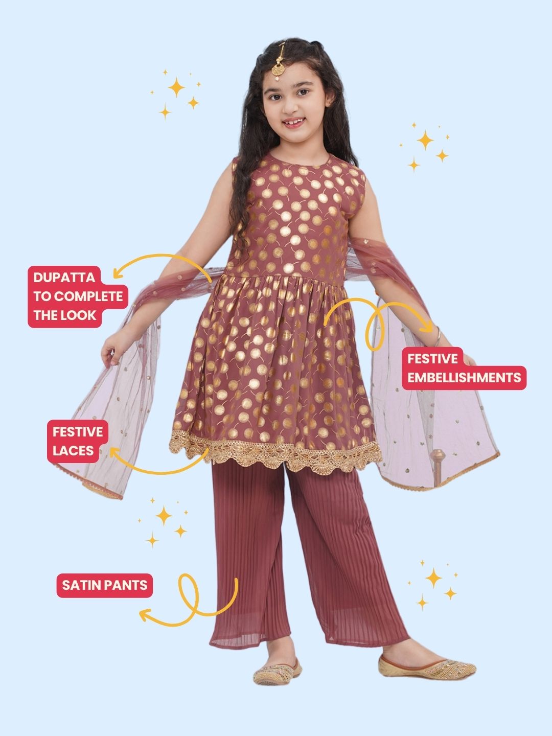 Pink Georgette Sleeveless Motif Foil Print  Suit Set for Girls