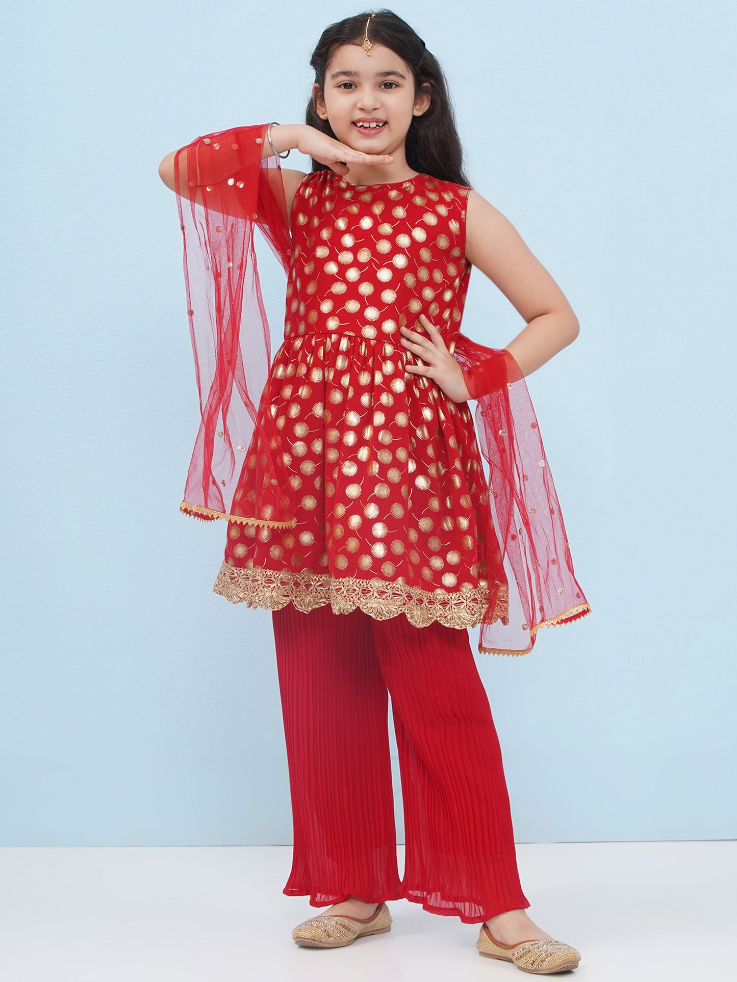 Red Georgette Sleeveless Motif Foil Print Suit Set for Girls