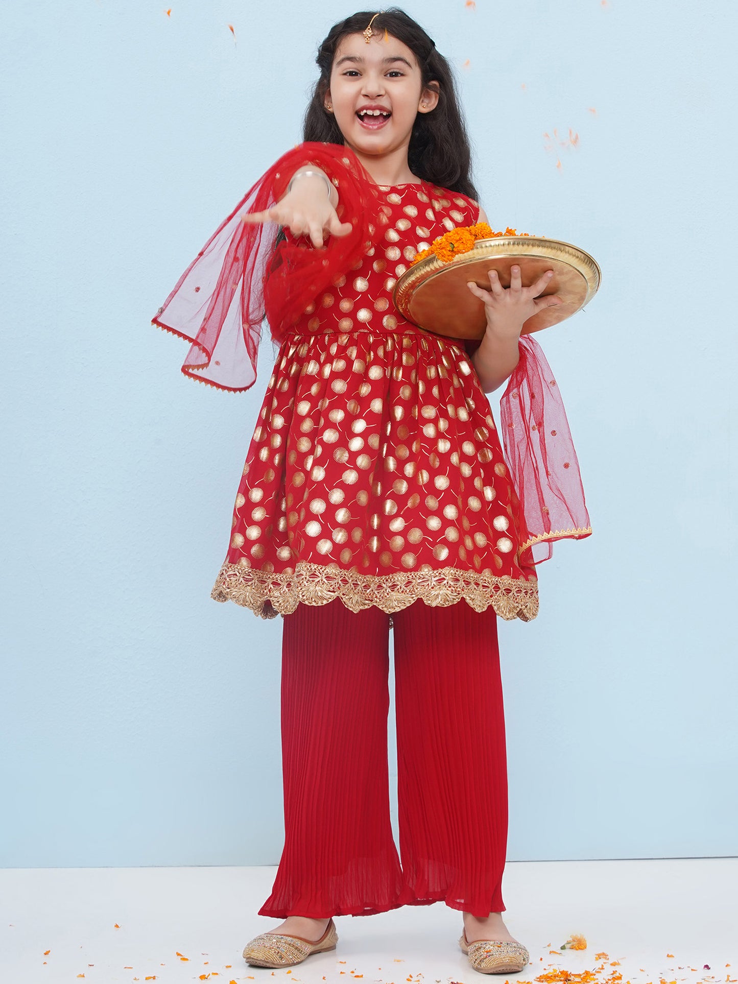 Red Georgette Sleeveless Motif Foil Print Suit Set for Girls