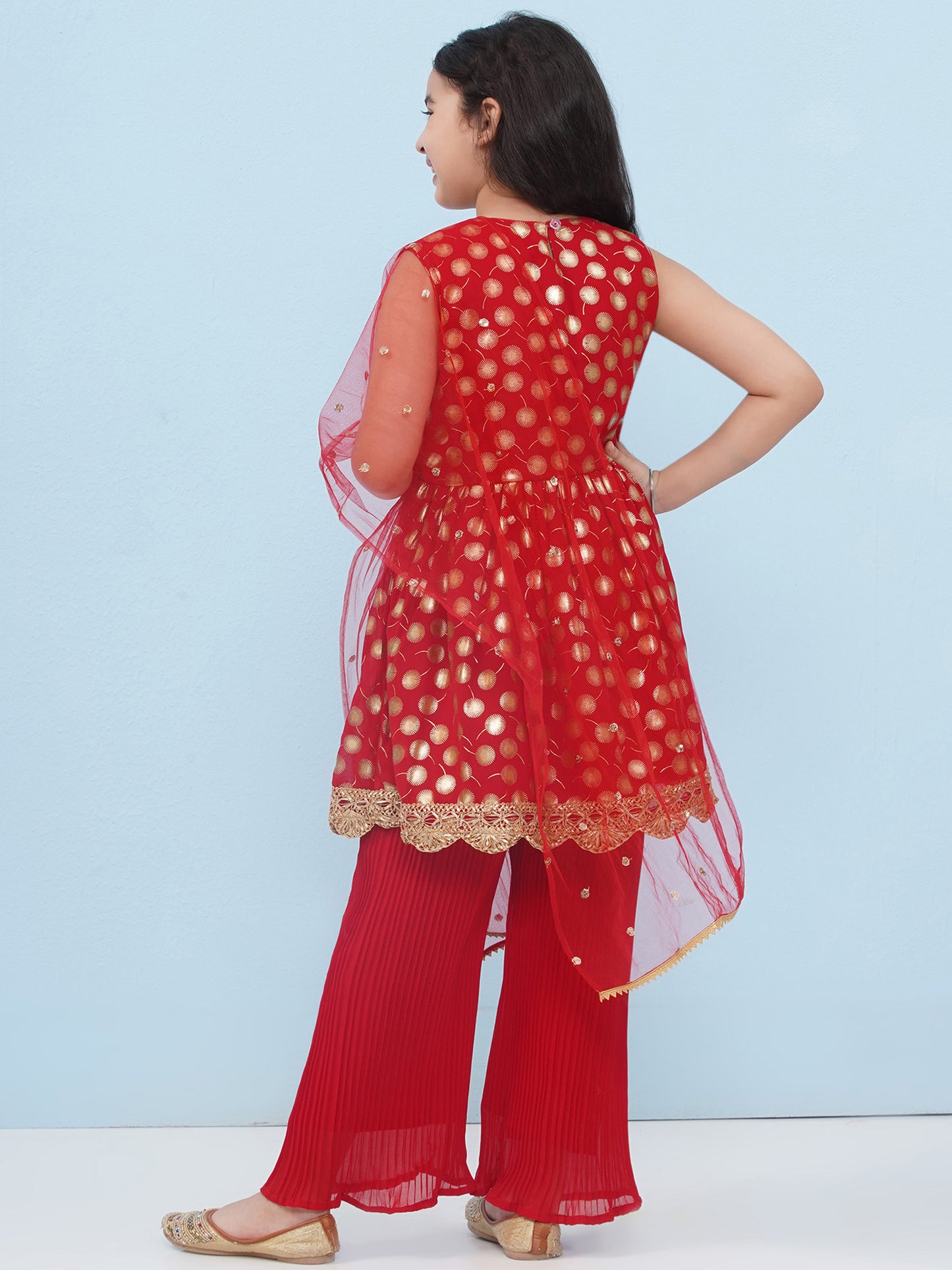 Red Georgette Sleeveless Motif Foil Print Suit Set for Girls