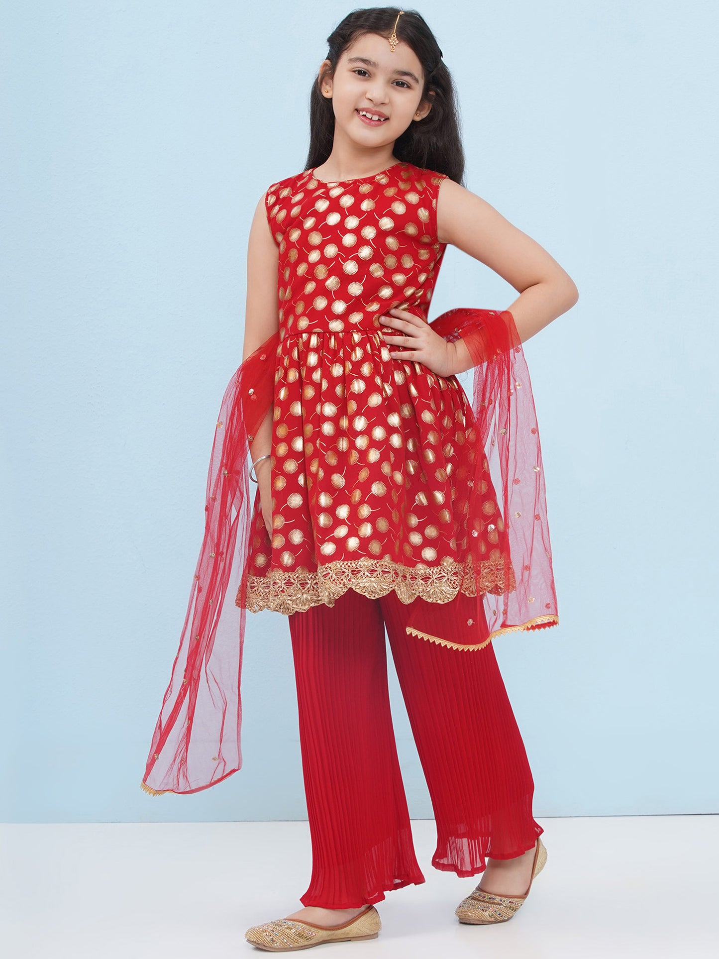 Red Georgette Sleeveless Motif Foil Print Suit Set for Girls