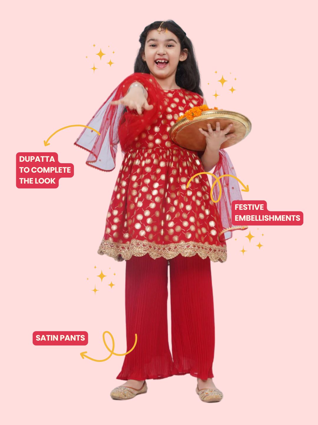 Red Georgette Sleeveless Motif Foil Print Suit Set for Girls - AJ Dezines