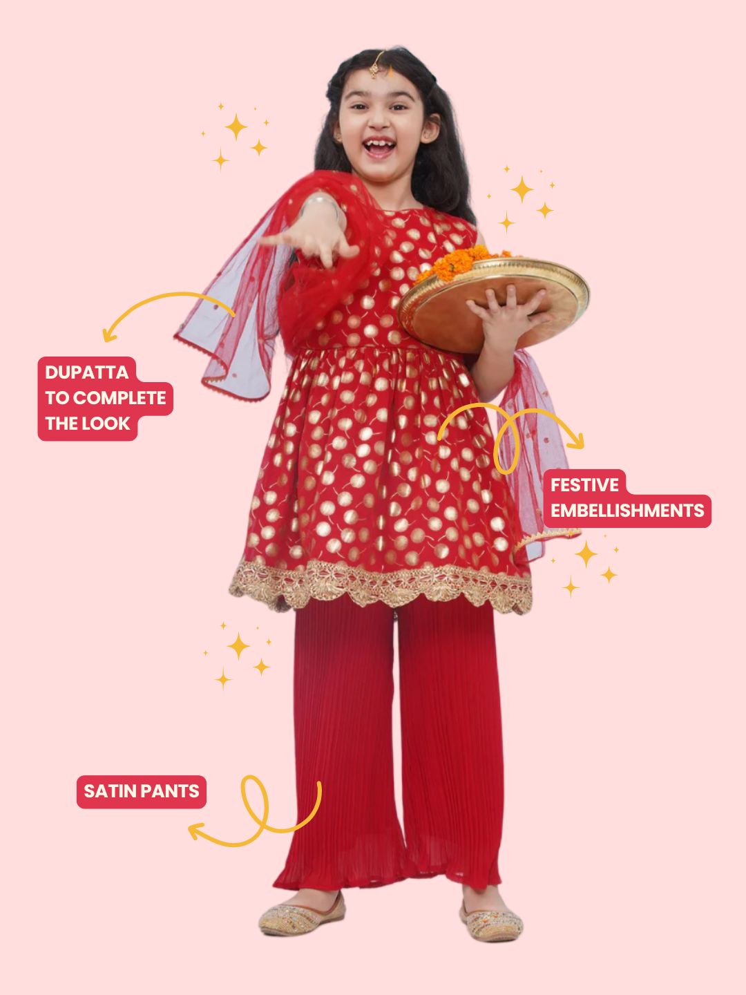 Red Georgette Sleeveless Motif Foil Print Suit Set for Girls