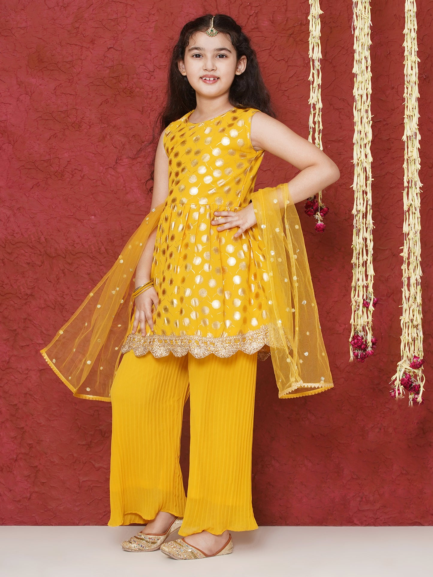 Yellow Georgette Sleeveless Motif Foi lPrintSuit Set for Girls