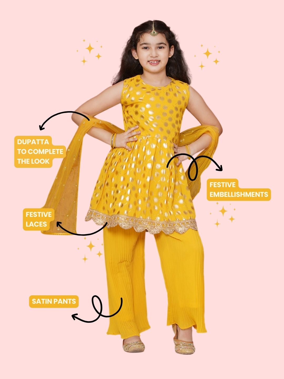 Yellow Georgette Sleeveless Motif Foi lPrintSuit Set for Girls