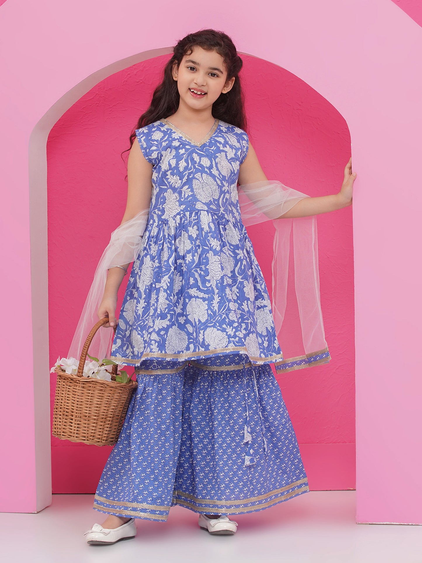 Blue Pure Cotton Sleeveless Floral Print Sharara Set for Girls