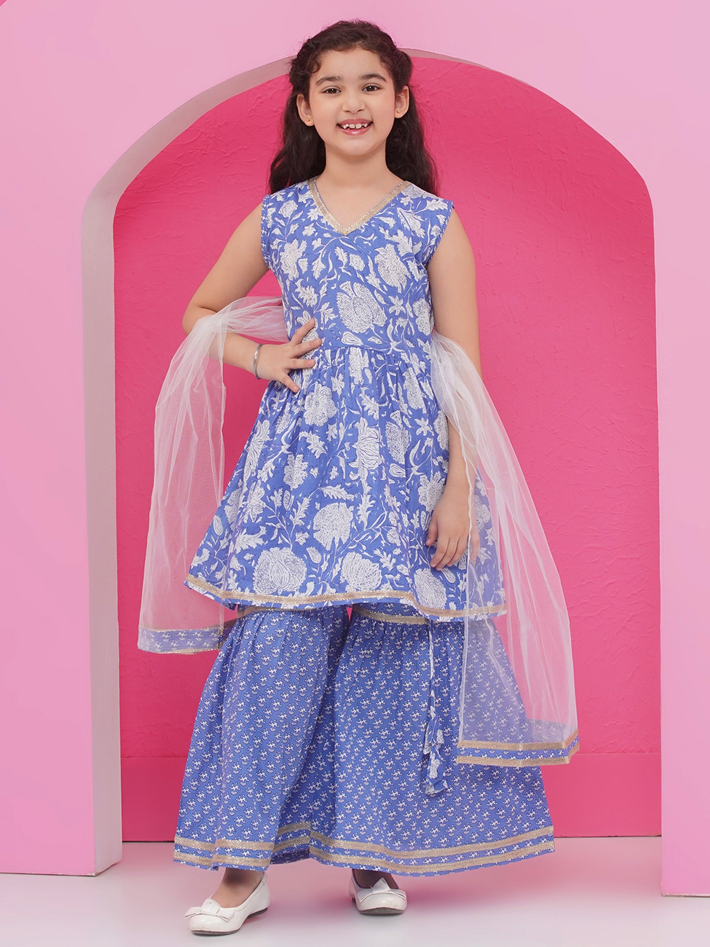 Blue Pure Cotton Sleeveless Floral Print Sharara Set for Girls