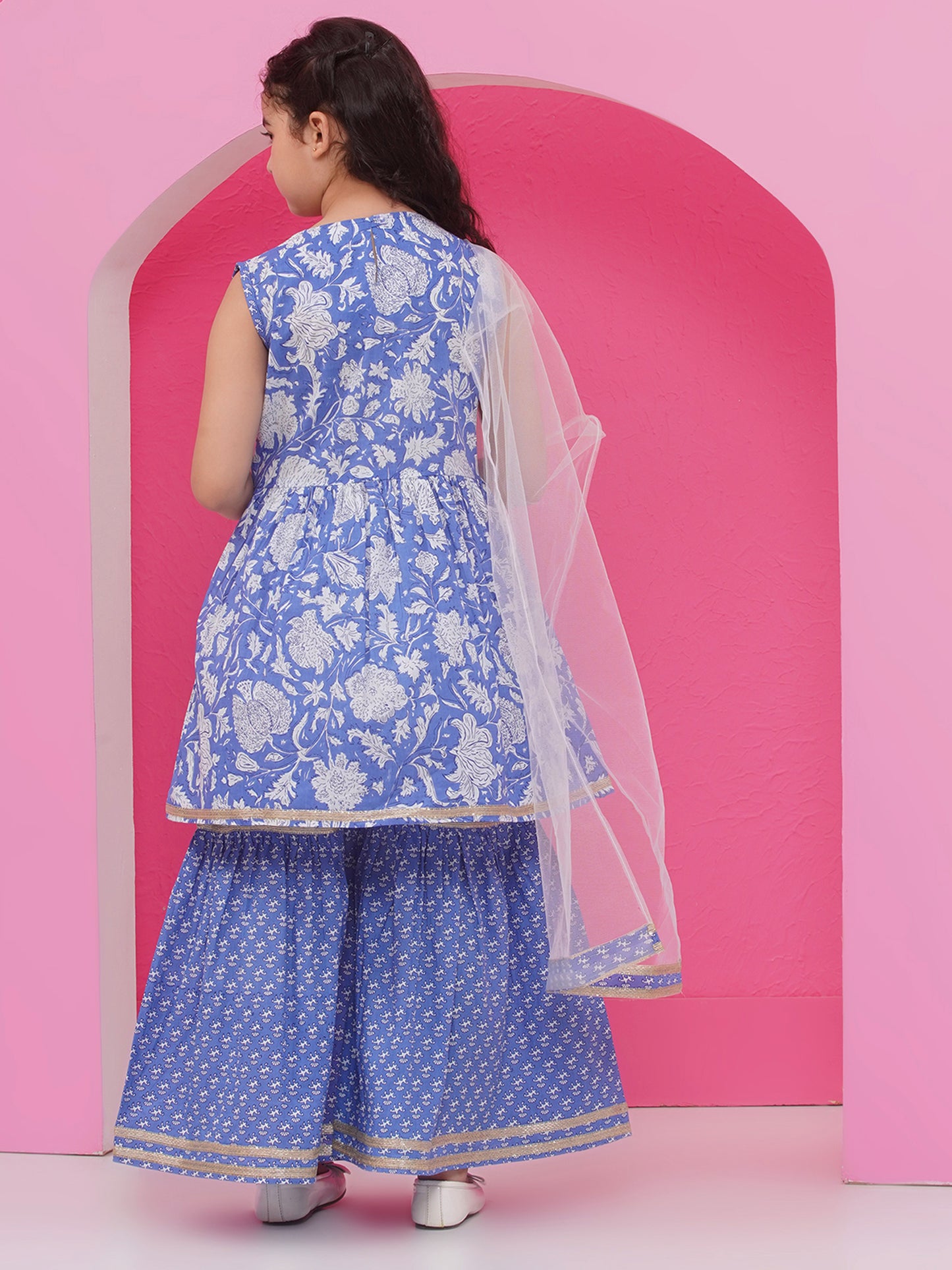 Blue Pure Cotton Sleeveless Floral Print Sharara Set for Girls