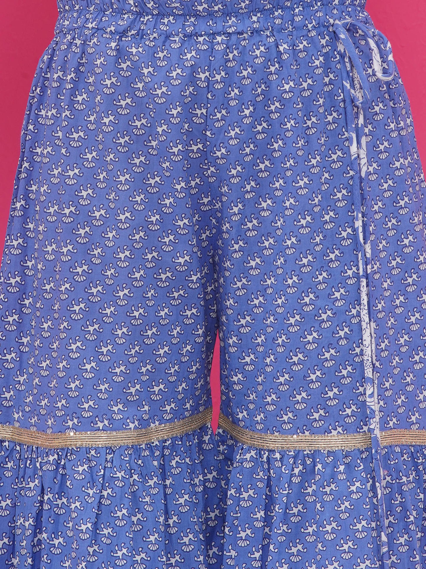 Blue Pure Cotton Sleeveless Floral Print Sharara Set for Girls