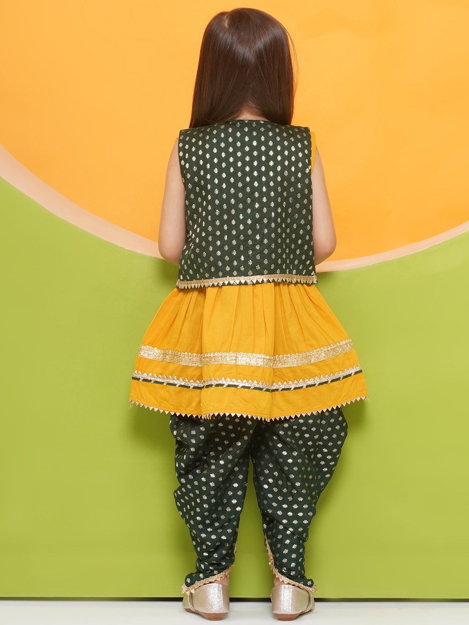 Yellow Poly Chanderi Sleeveless Motif Print Girls Dhoti Style Suit Set With Dark Green Half Jacket For Girls