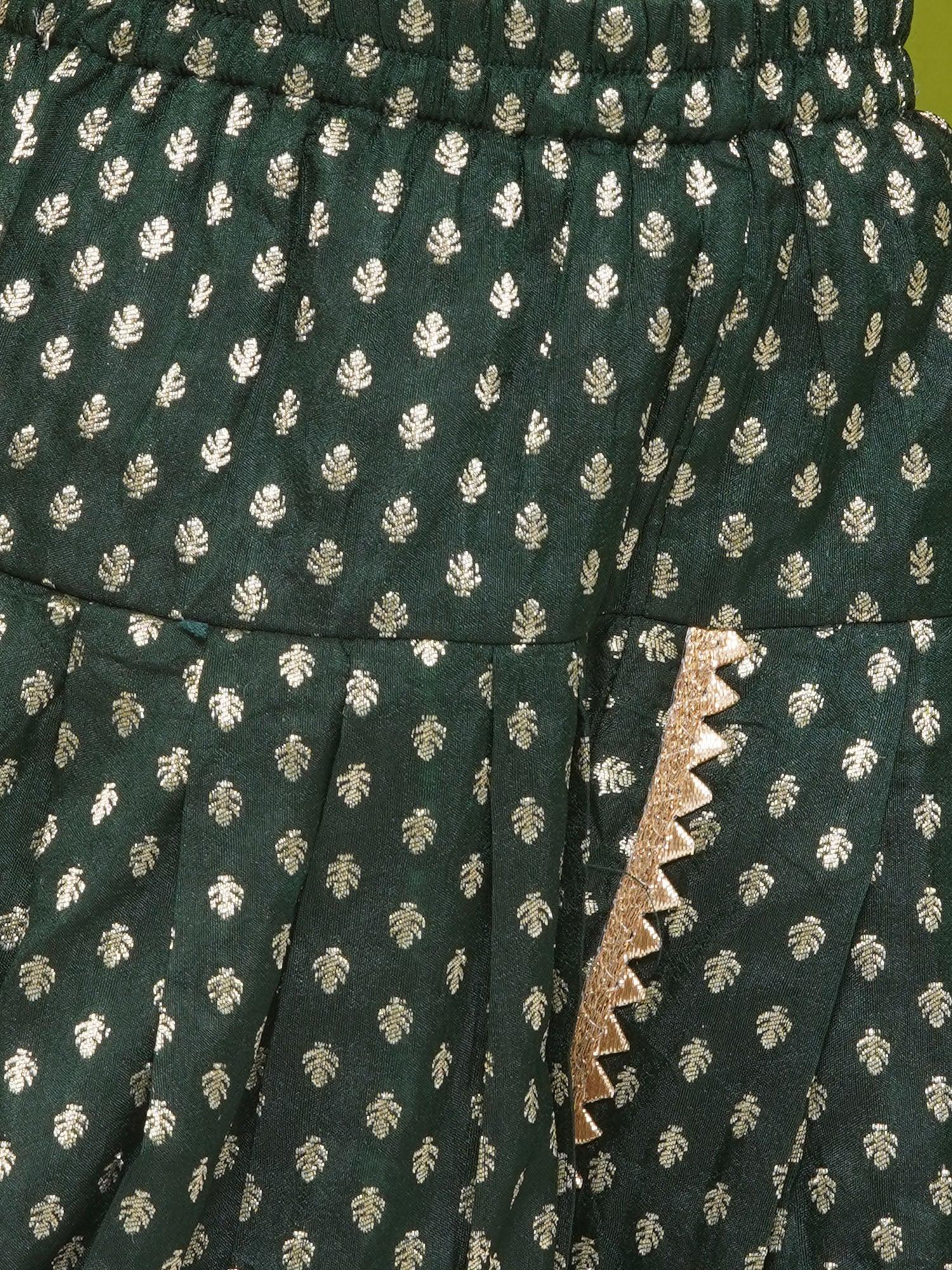 Yellow Poly Chanderi Sleeveless Motif Print Girls Dhoti Style Suit Set With Dark Green Half Jacket For Girls