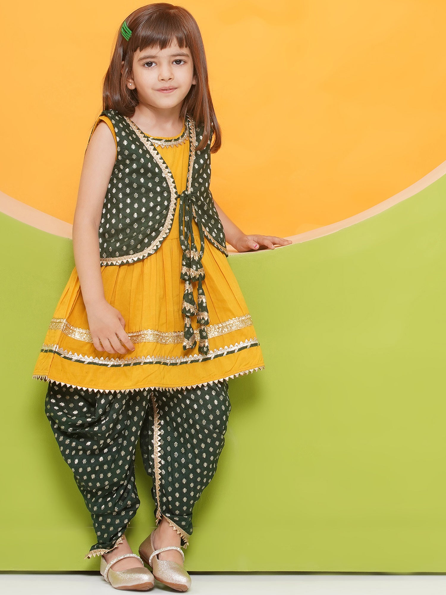 Yellow Poly Chanderi Sleeveless Motif Print Girls Dhoti Style Suit Set With Dark Green Half Jacket For Girls