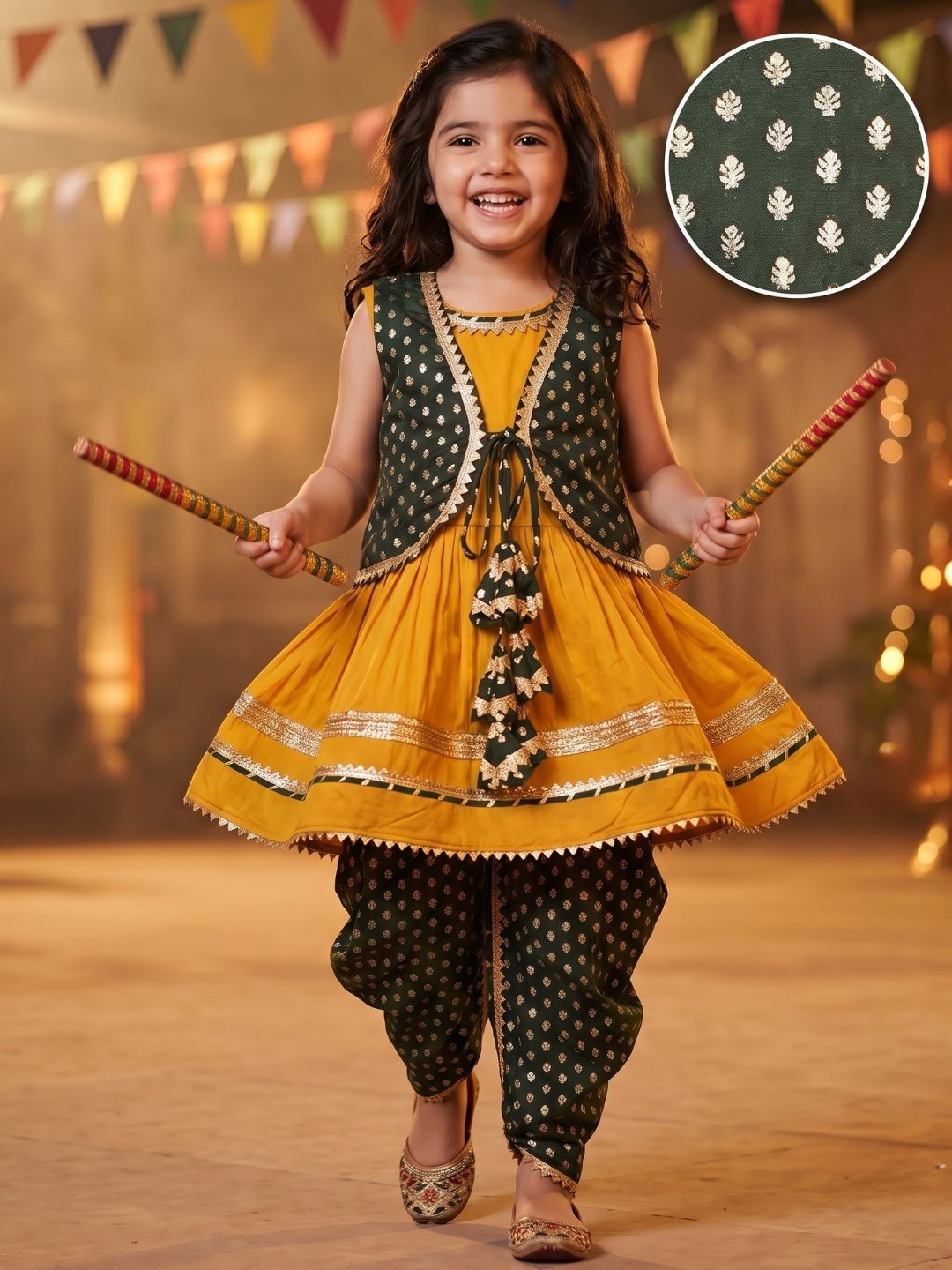 Yellow Poly Chanderi Sleeveless Motif Print Girls Dhoti Style Suit Set With Dark Green Half Jacket For Girls