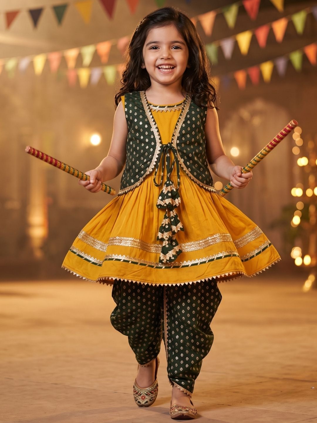 Yellow Poly Chanderi Sleeveless Motif Print Girls Dhoti Style Suit Set With Dark Green Half Jacket For Girls