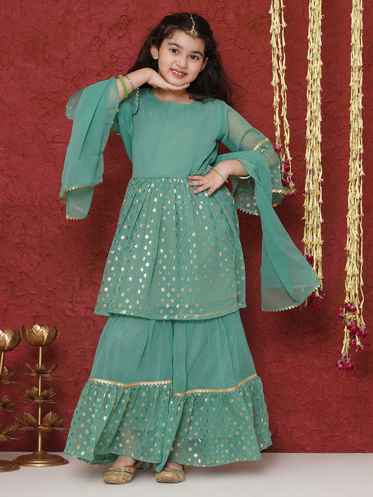 GREEN Georgette Three-Fourth Sleeves Motif Print Sharara Set for Girls