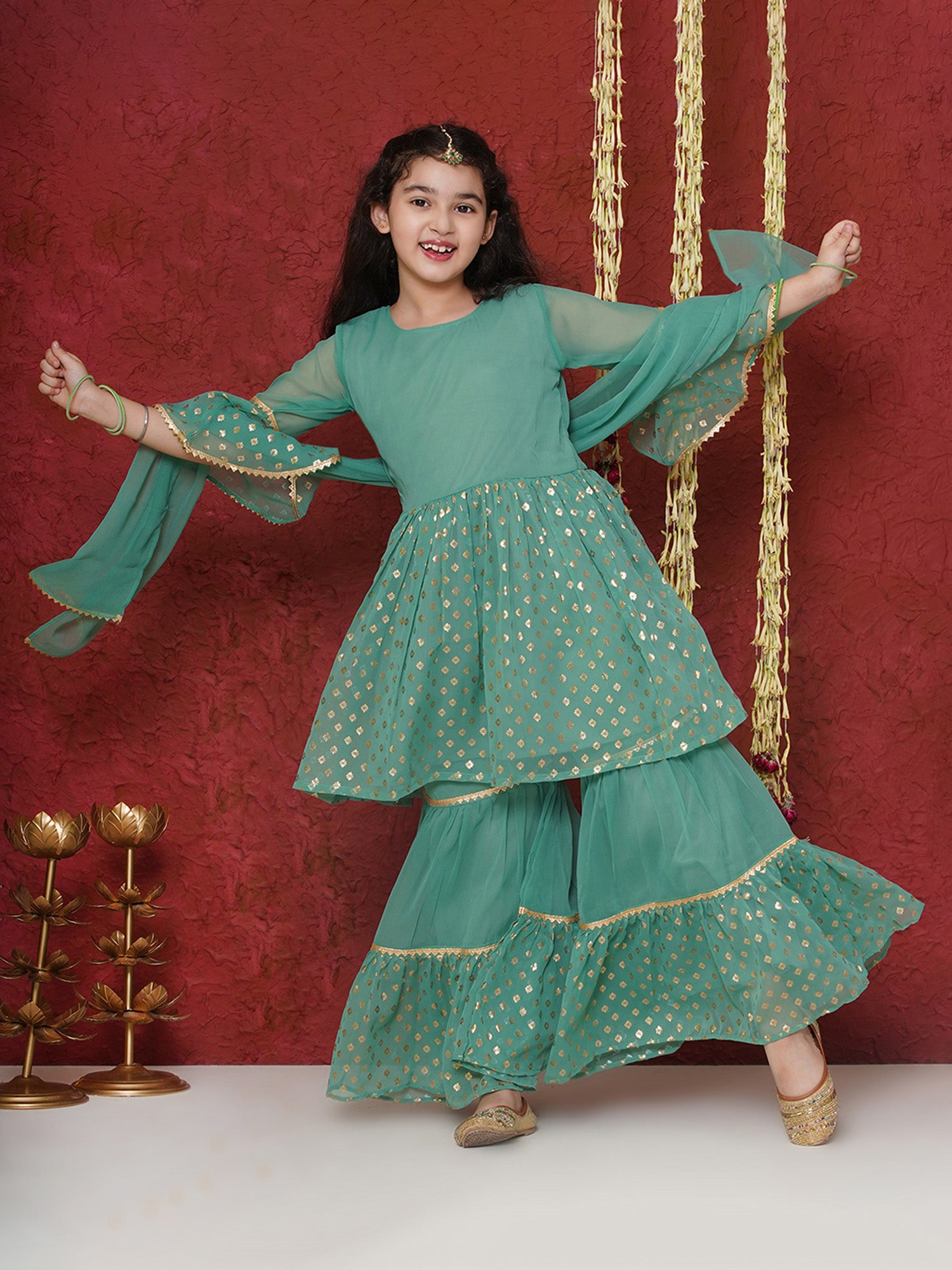 Green Georgette Three-Fourth Sleeves Motif Print Sharara Set For Girls