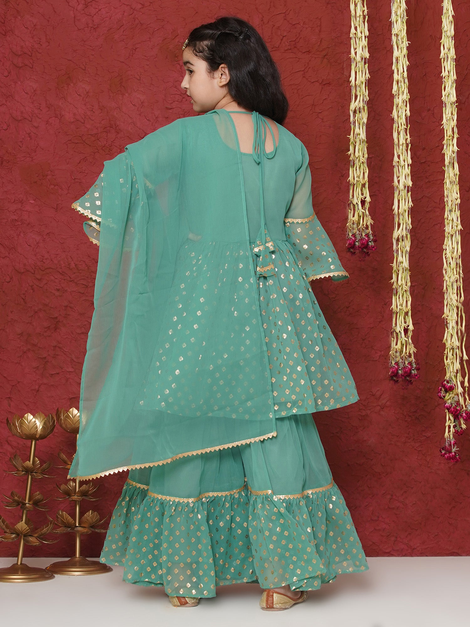 Green Georgette Three-Fourth Sleeves Motif Print Sharara Set For Girls