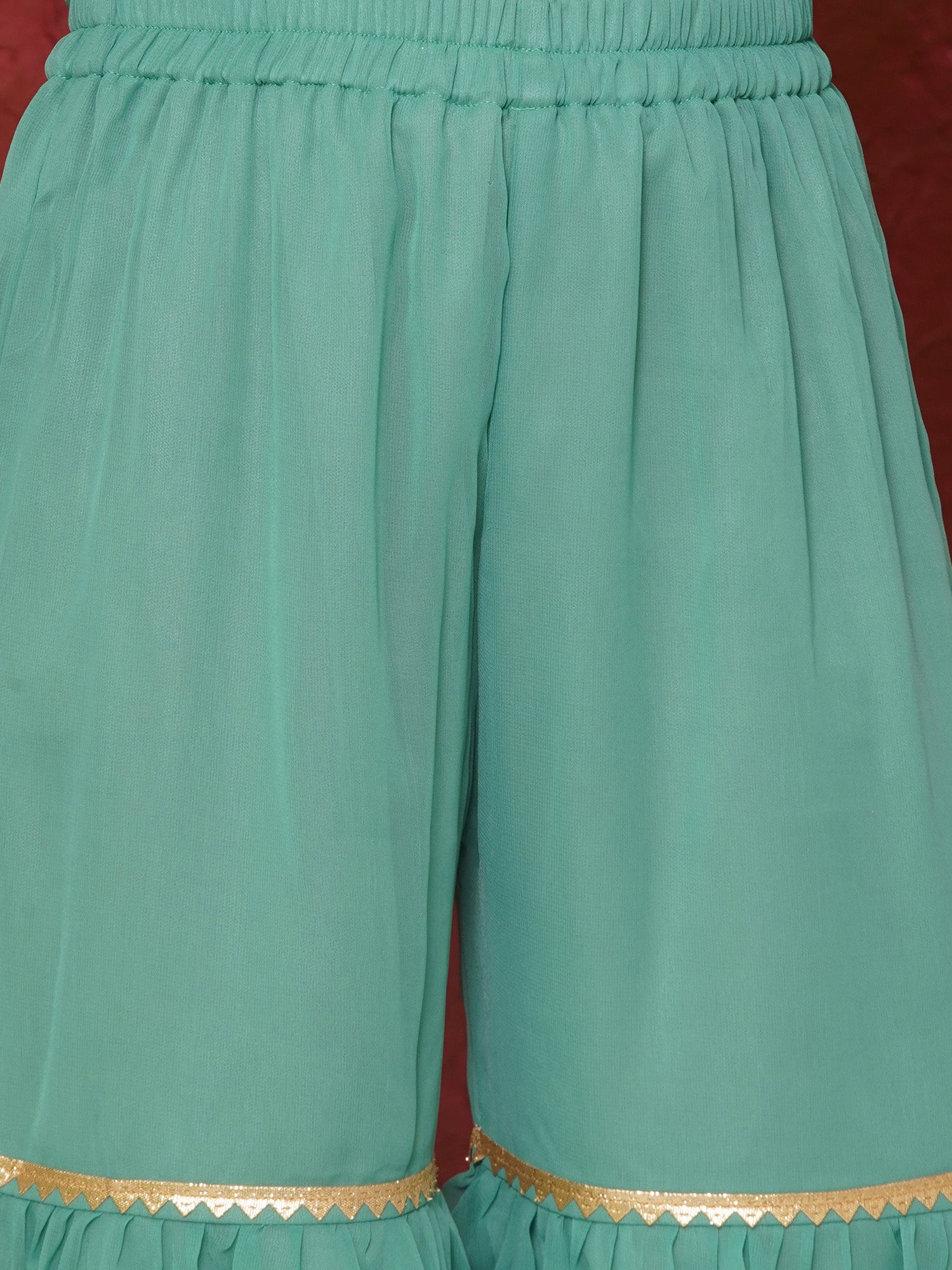 Green Georgette Three-Fourth Sleeves Motif Print Sharara Set For Girls