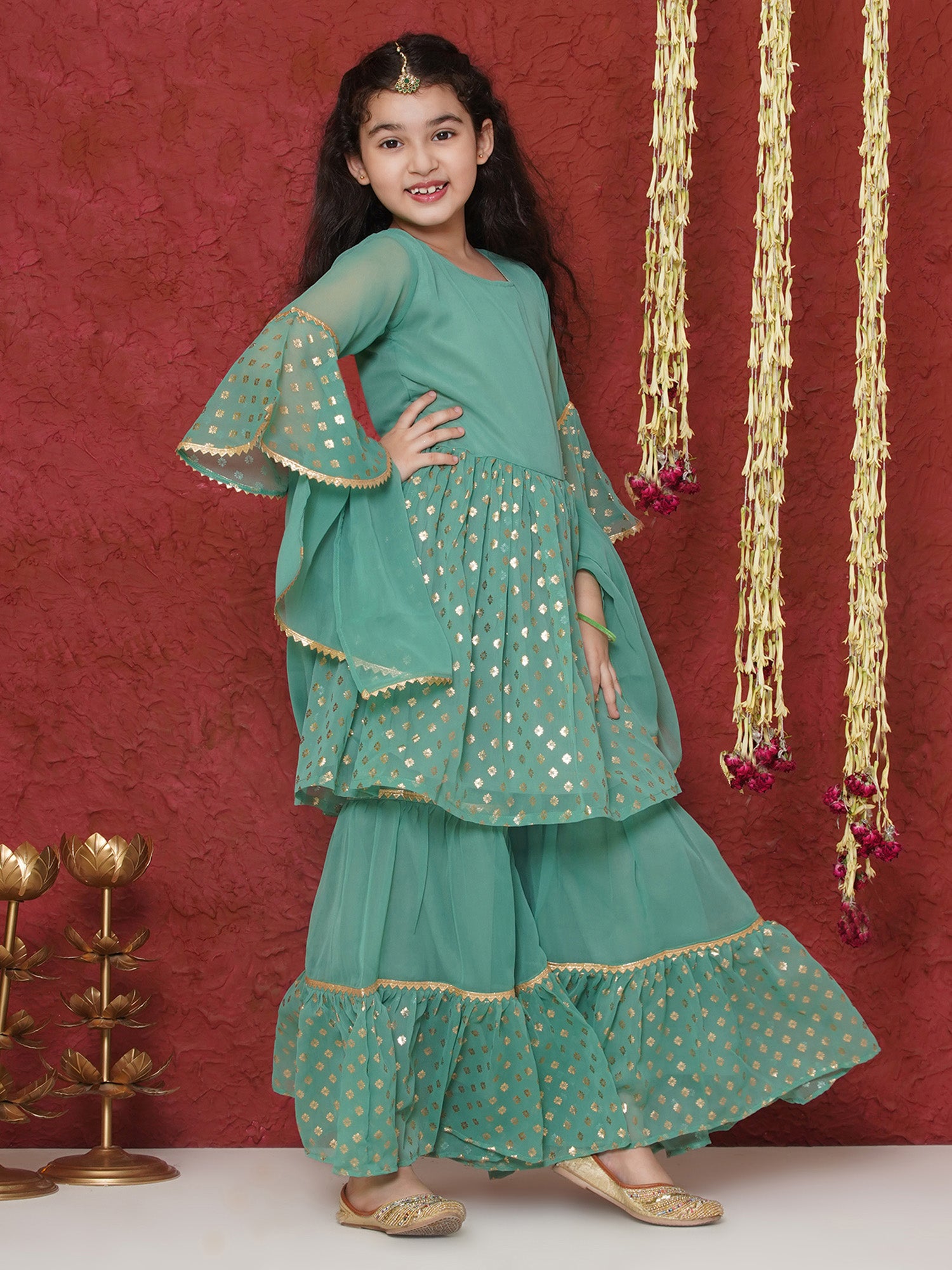 Green Georgette Three-Fourth Sleeves Motif Print Sharara Set For Girls