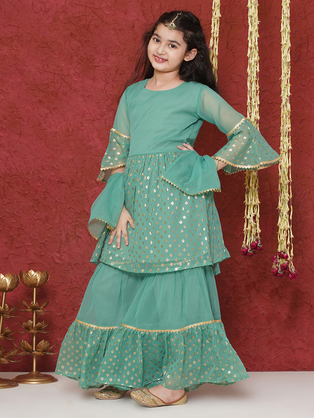 GREEN Georgette Three-Fourth Sleeves Motif Print Sharara Set for Girls